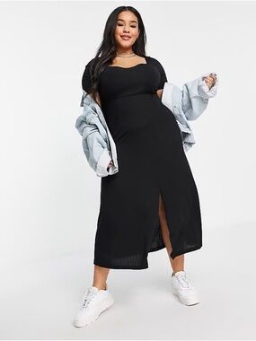 Asos Design Curve Black sweetheart neckline ribbed knit midi Dress Front Slit